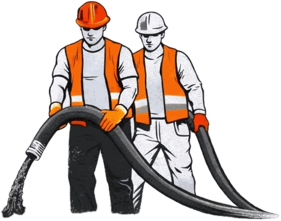 Ilustracja dwóch pracowników z wężem pompy do betonu – grafika firmowa SPECTERWAY BETON GROUP